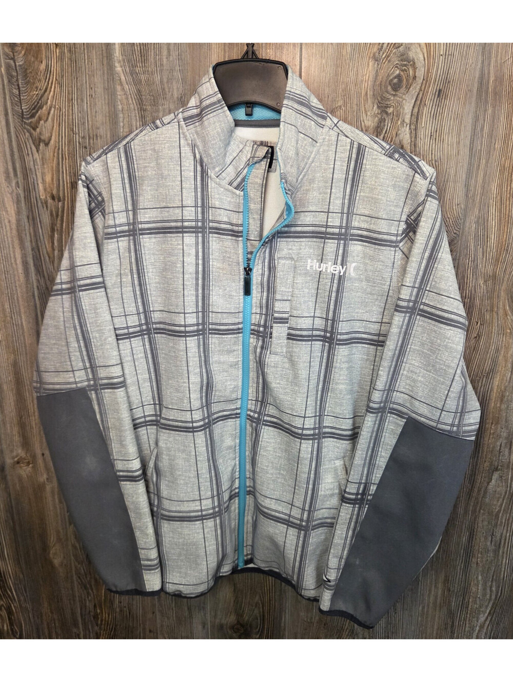Hurley Full Zip Fleece Lined Jacket Size Large - Gray w/ Teal Accents Buckle Exc